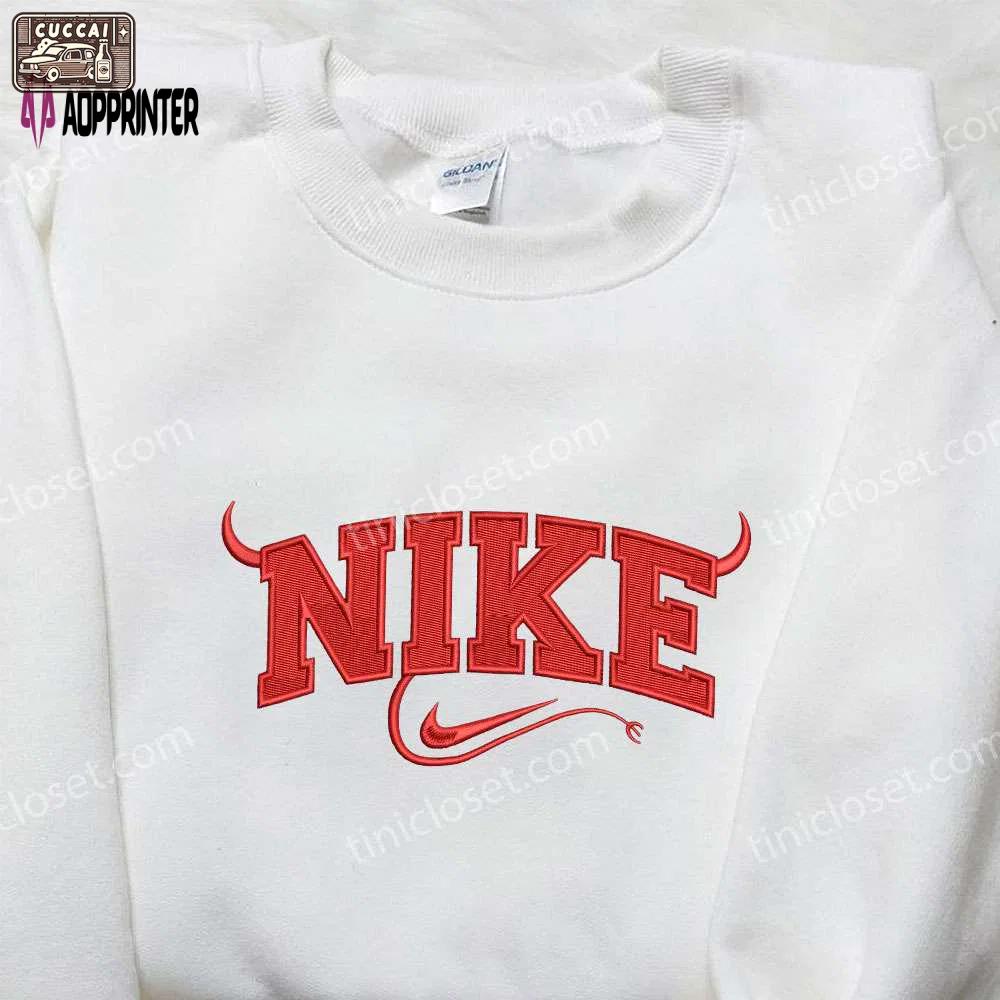 Red devil x nike embroidered shirt: spooky halloween custom design Embroidered Shirt