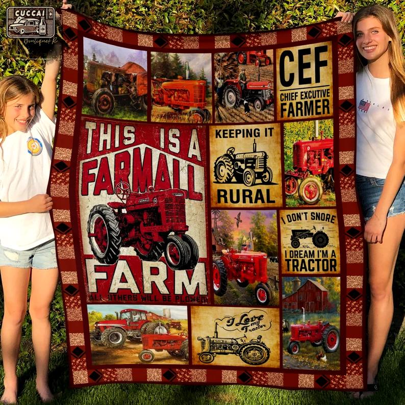 Red tractor fleece blanket, mink sherpa blanket, farmhouse gift ideas, dump truck blanket, tractor quilt, son boy grandson gift Quilt Blanket