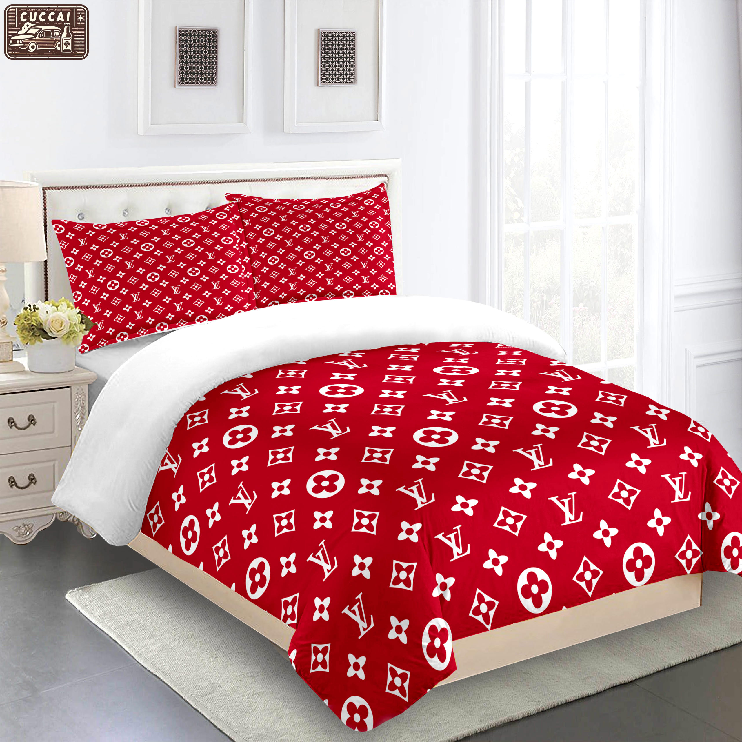 Red white supreme full louis vuitton logo type 2325 Bedding Sets bedspread bedclothes duvet luxury ideas premium fashion brand blankets covers sheets home decor hyperbeast Bedroom bed linen