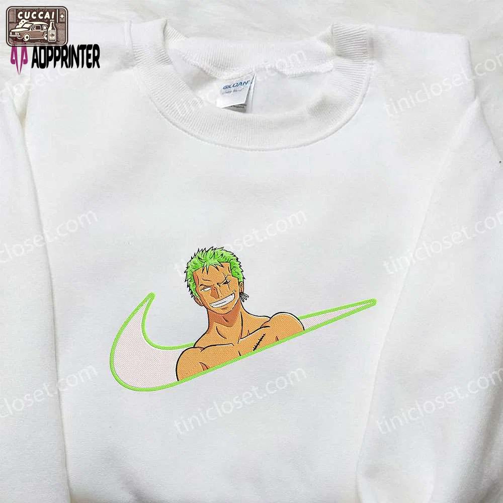 Roronoa zoro x nike swoosh anime hoodie: one piece & nike inspired embroidered shirt Embroidered Shirt