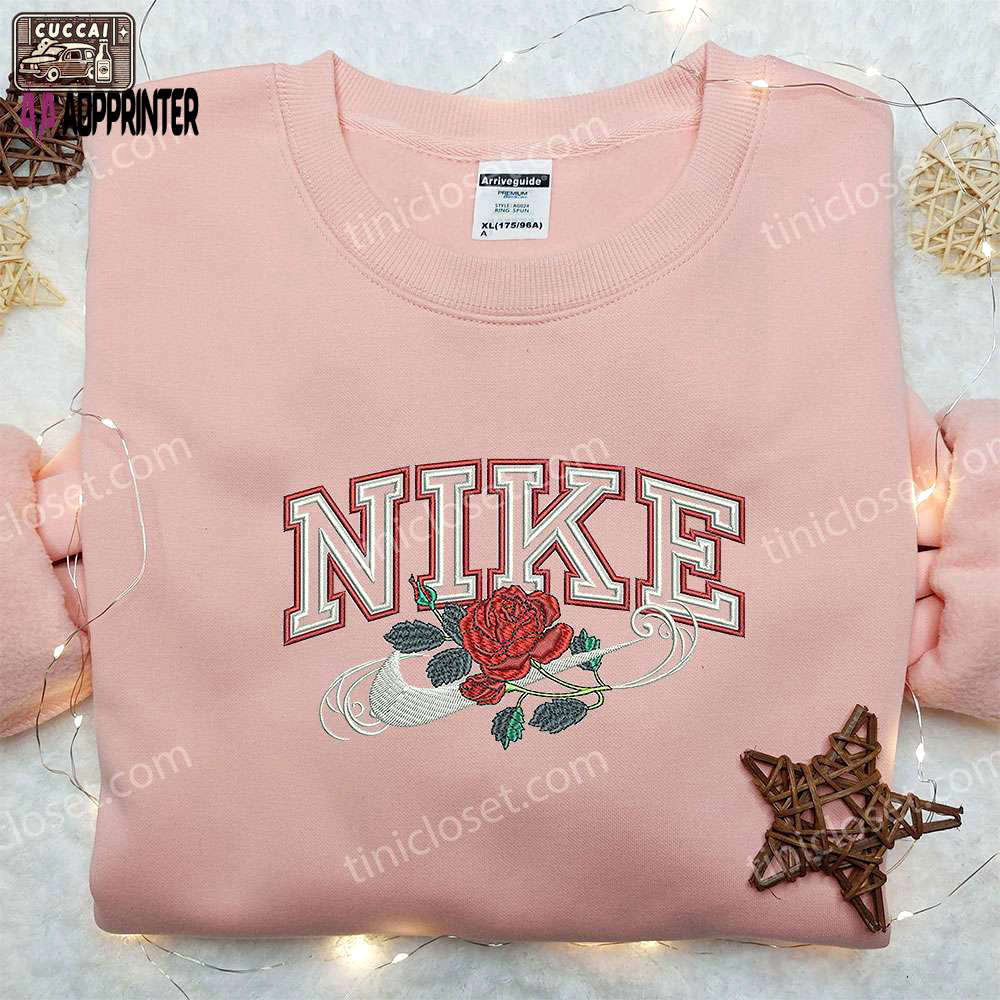 Rose x nike embroidered sweatshirt: flower shirt nike inspired – stylish & unique floral design Embroidered Shirt