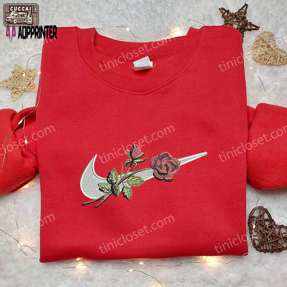 Rose x nike swoosh embroidered sweatshirt: flower shirt nike inspired design Embroidered Shirt