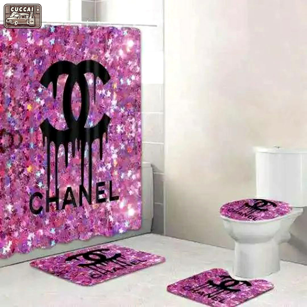 Rugs in living room and bedroom - Chanel glitter bathroom set hot 2023 luxury shower curtain bath rug mat home decor 325 Bathroom Accessory Sets