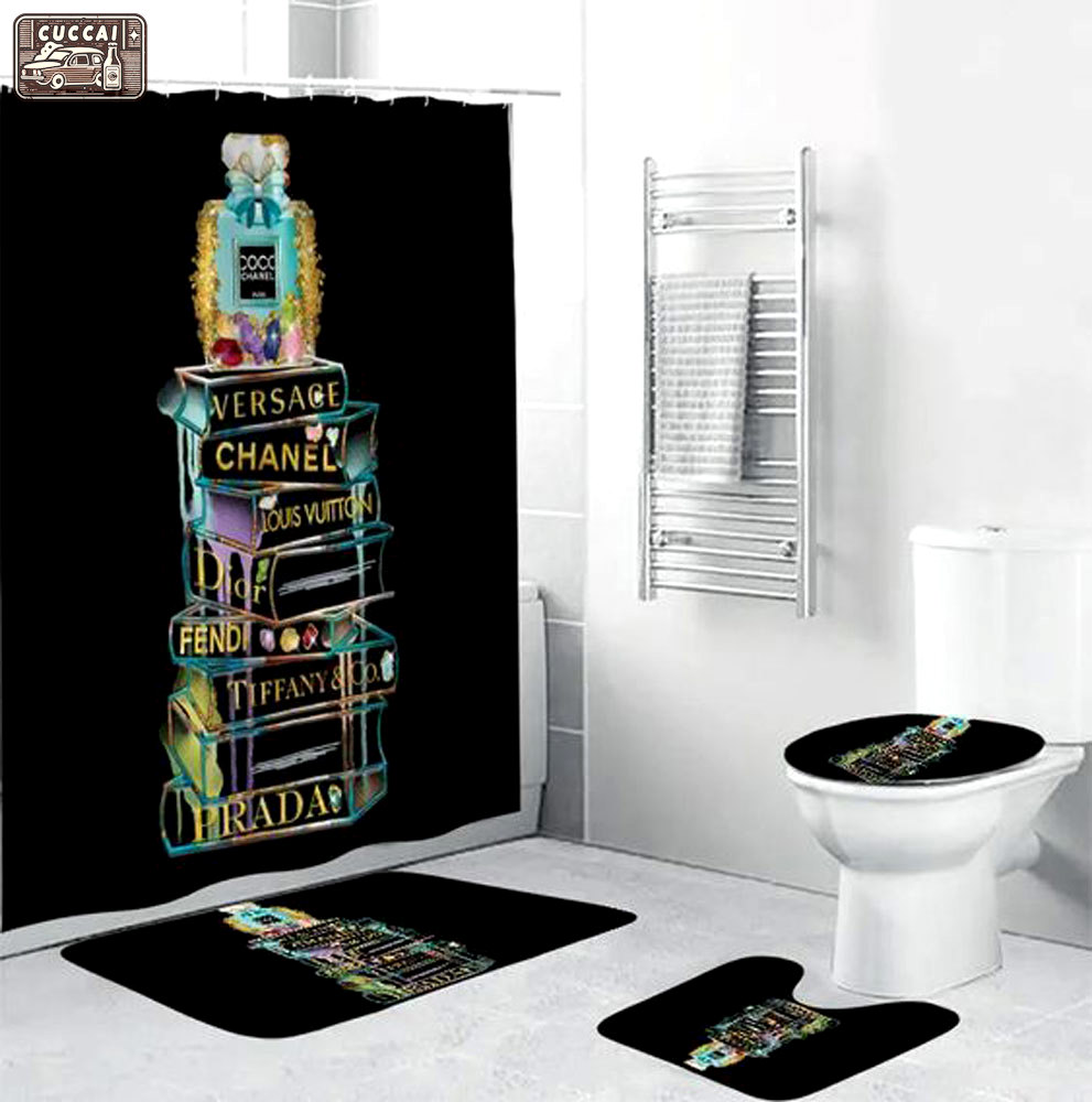 Rugs in living room and bedroom - Chanel perfume bathroom set hot 2023 luxury shower curtain bath rug mat home decor 258 Bathroom Accessory Sets