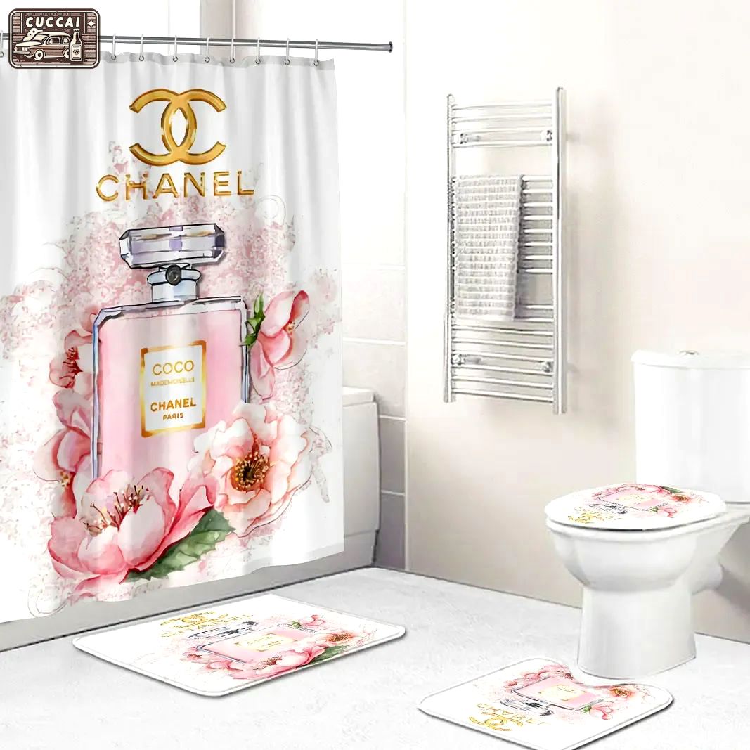 Rugs in living room and bedroom - Chanel perfume bathroom set hot 2023 luxury shower curtain bath rug mat home decor 276 Bathroom Accessory Sets