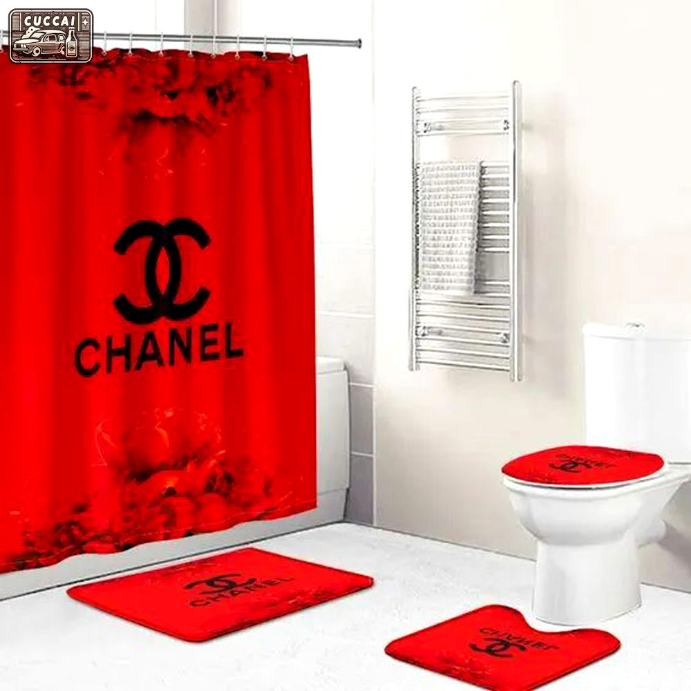 Rugs in living room and bedroom - Chanel red bathroom set hot 2023 luxury shower curtain bath rug mat home decor 277 Bathroom Accessory Sets