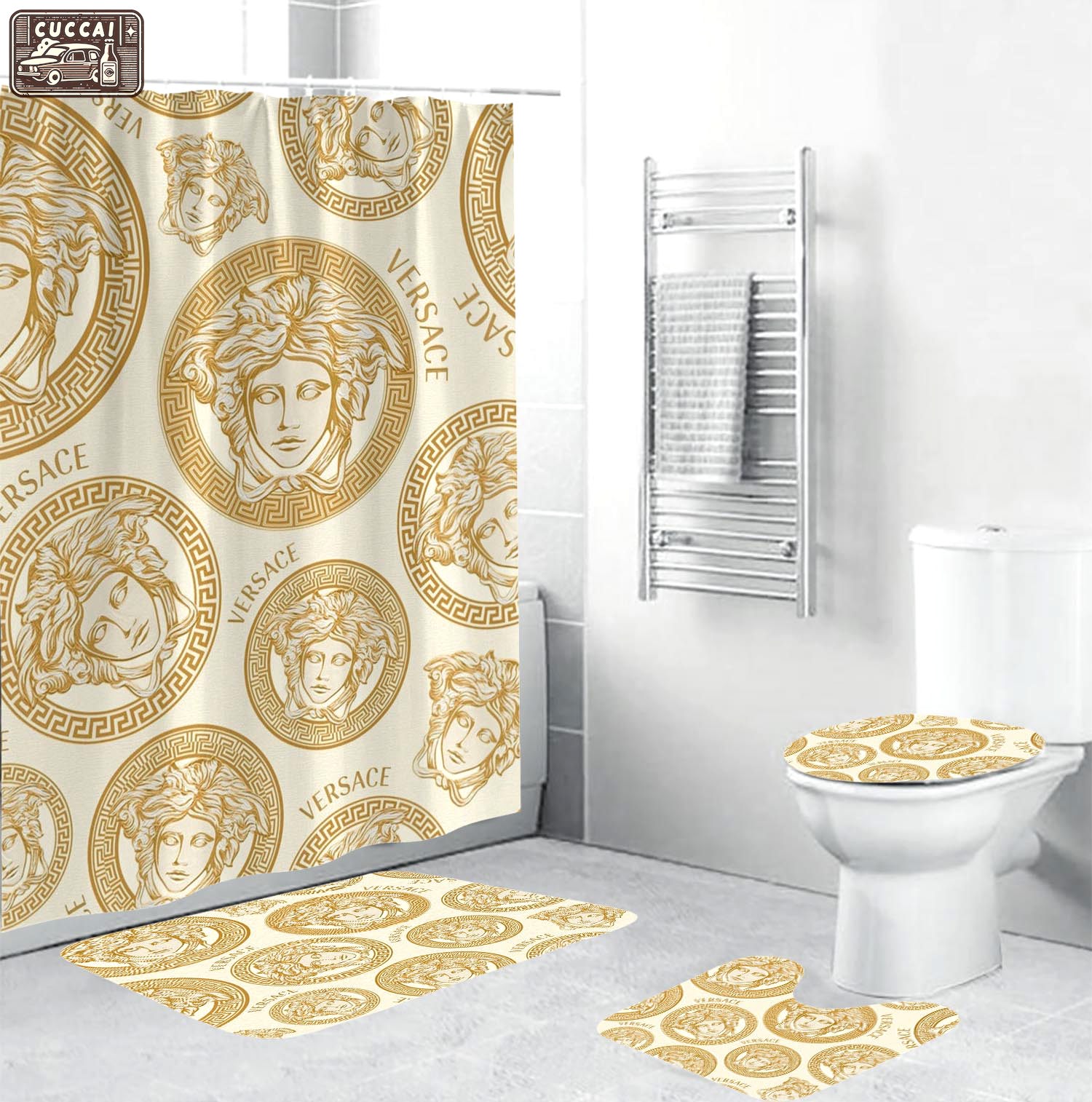 Rugs in living room and bedroom - Gianni versace beige bathroom set hot 2023 luxury shower curtain bath rug mat home decor 186 Bathroom Accessory Sets