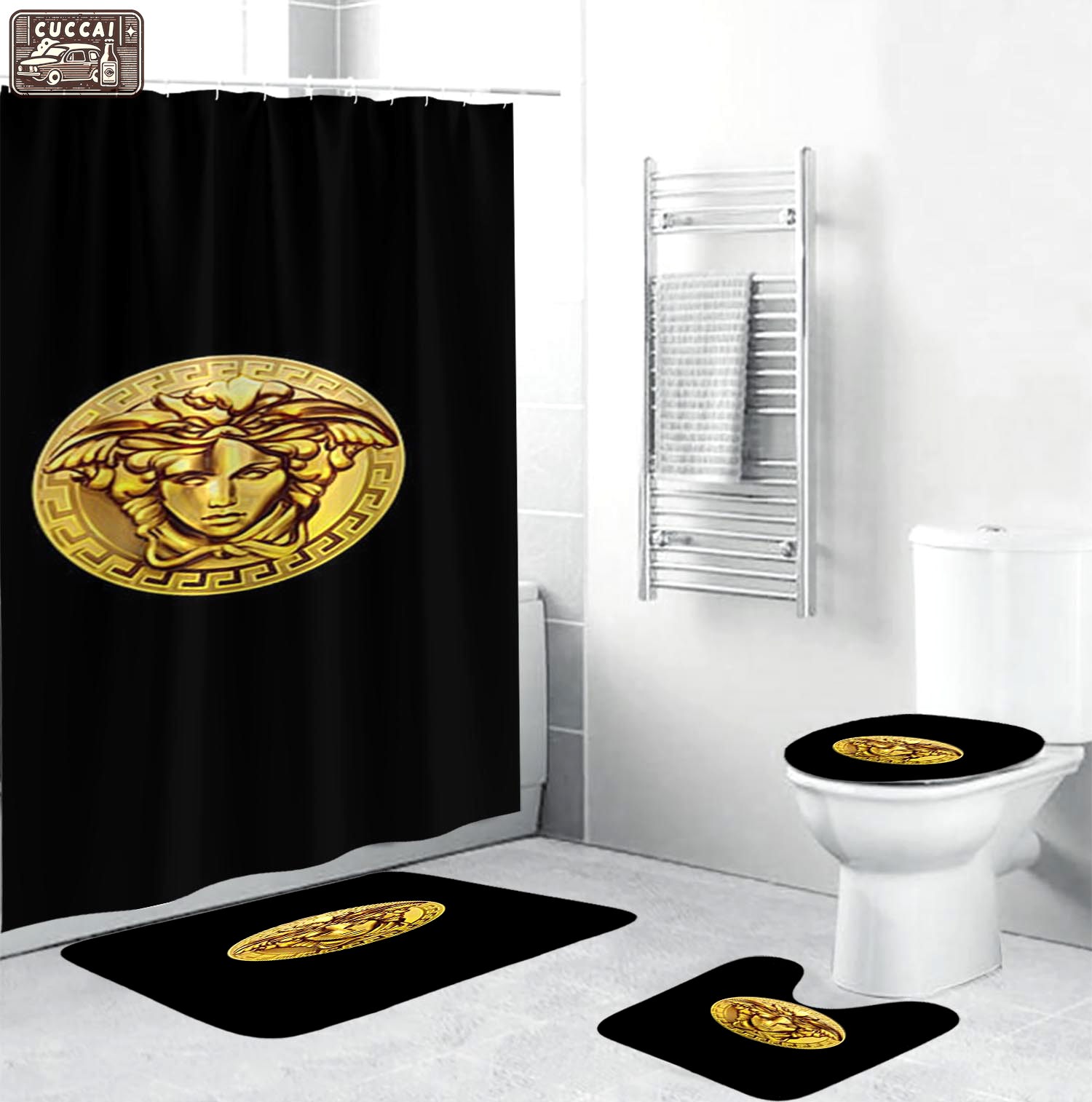 Rugs in living room and bedroom - Gianni versace black bathroom set hot 2023 luxury shower curtain bath rug mat home decor 187 Bathroom Accessory Sets