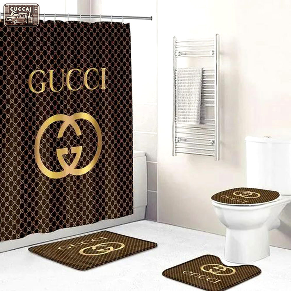 Rugs in living room and bedroom - Gucci brown gold bathroom set hot 2023 luxury shower curtain bath rug mat home decor 240 Bathroom Accessory Sets