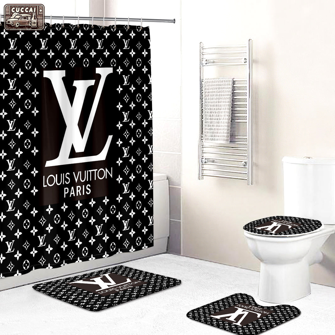 Rugs in living room and bedroom - Louis vuitton lv black bathroom set hot 2023 luxury shower curtain bath rug mat home decor 142 Bathroom Accessory Sets