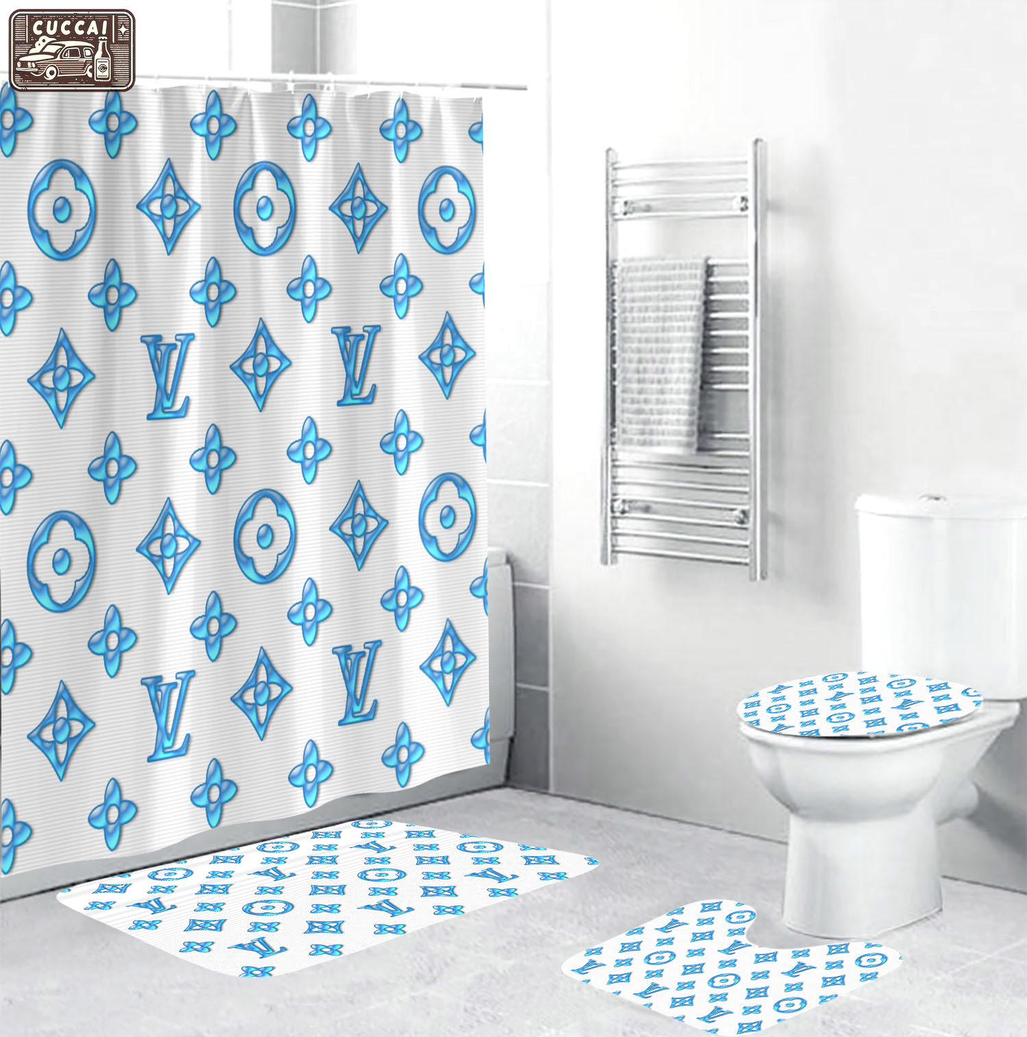 Rugs in living room and bedroom - Louis vuitton lv blue bathroom set hot 2023 luxury shower curtain bath rug mat home decor 106 Bathroom Accessory Sets
