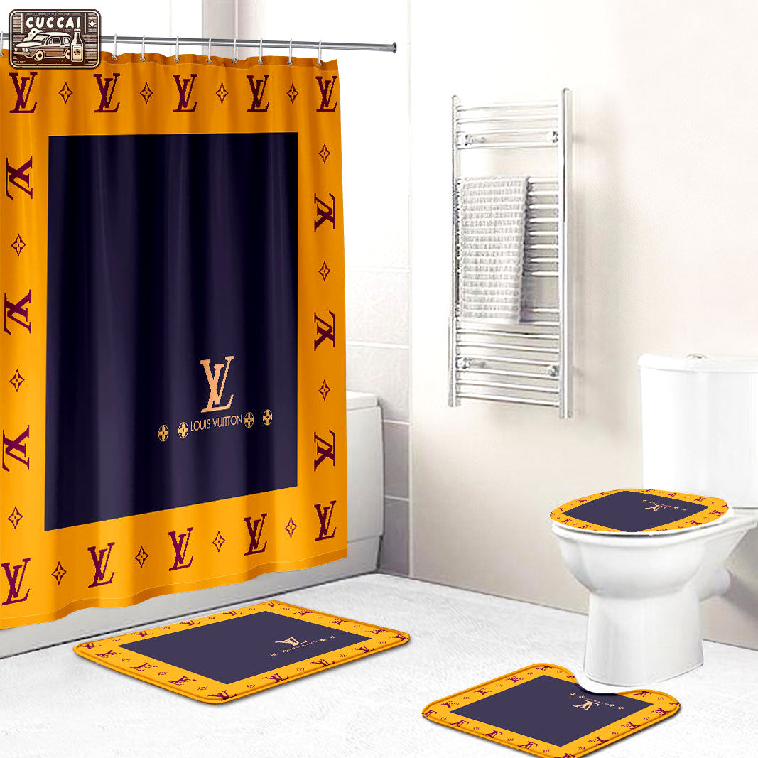 Rugs in living room and bedroom - Louis vuitton lv blue orange bathroom set hot 2023 luxury shower curtain bath rug mat home decor 131 Bathroom Accessory Sets
