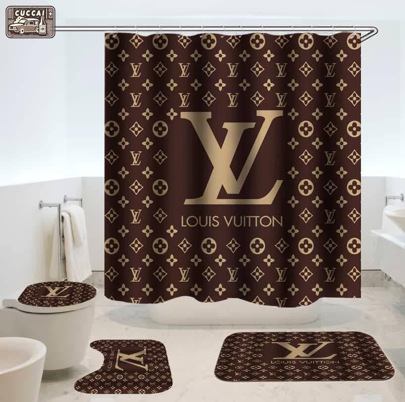Rugs in living room and bedroom - Louis vuitton lv brown bathroom set hot 2023 luxury shower curtain bath rug mat home decor 121 Bathroom Accessory Sets