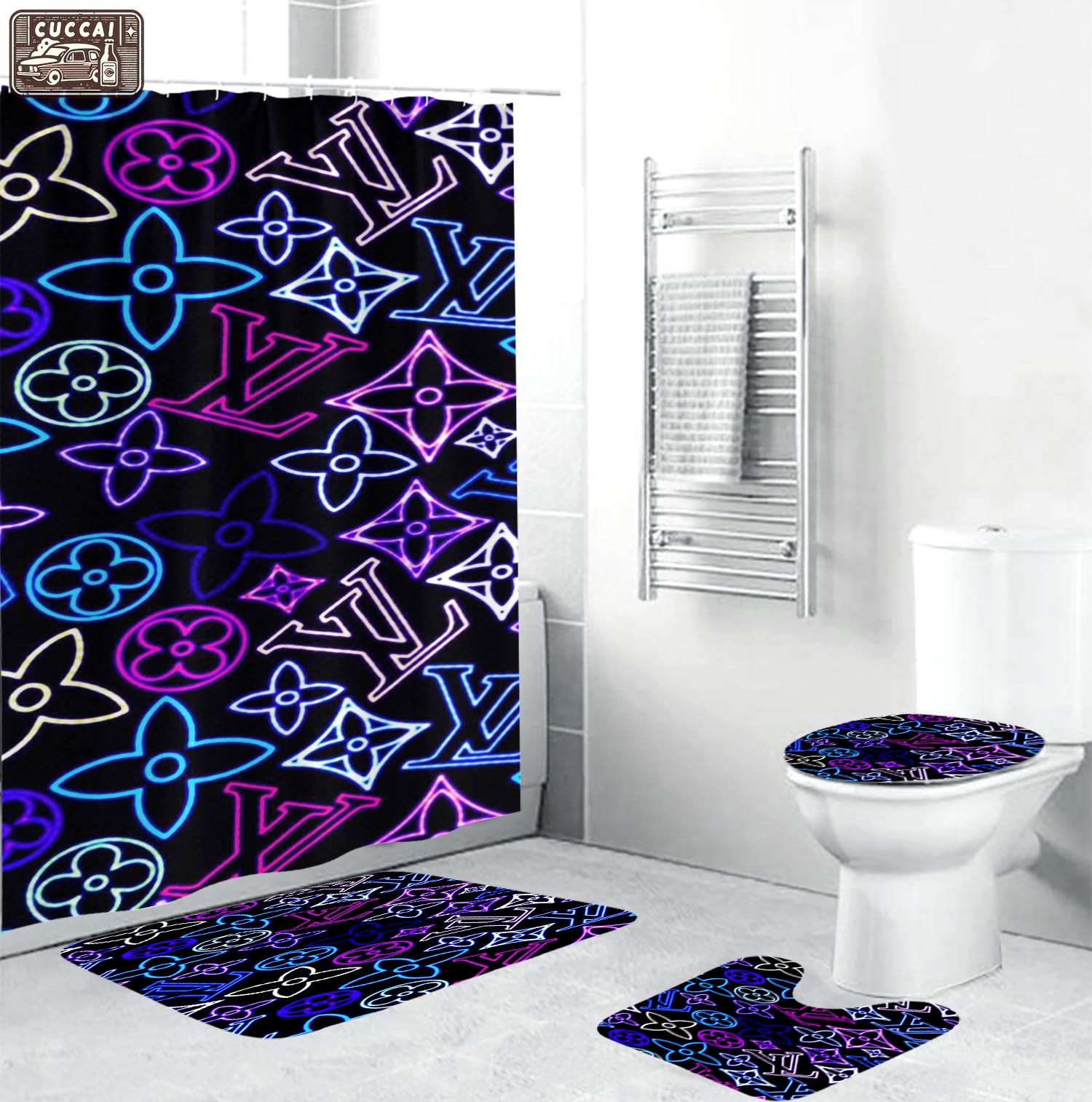 Rugs in living room and bedroom - Louis vuitton lv colorful bathroom set hot 2023 luxury shower curtain bath rug mat home decor 99 Bathroom Accessory Sets