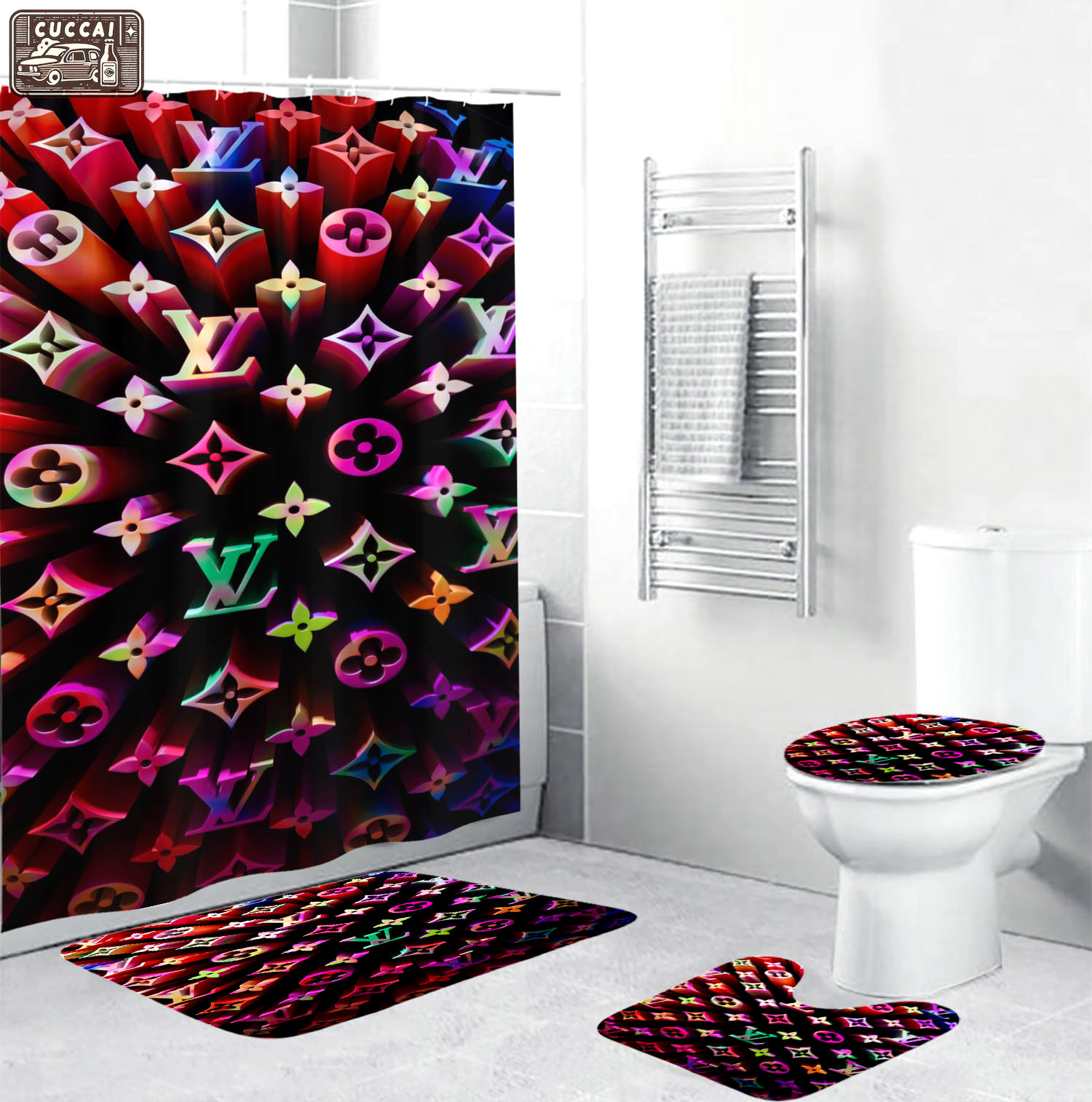 Rugs in living room and bedroom - Louis vuitton lv multicolor bathroom set hot 2023 luxury shower curtain bath rug mat home decor 100 Bathroom Accessory Sets