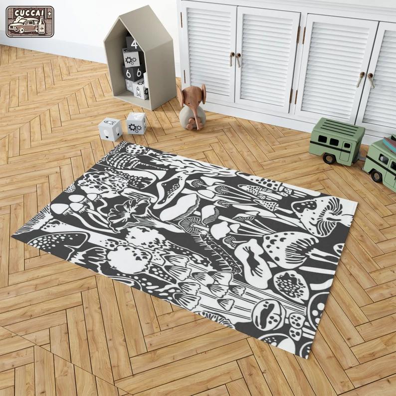 Rugs in living room and bedroom aimee wilder wallpaper - mushroom city designer contrast rug - black and white forest mushroom rug- wall decor area rug- carpet floor rug Rectangle Rug