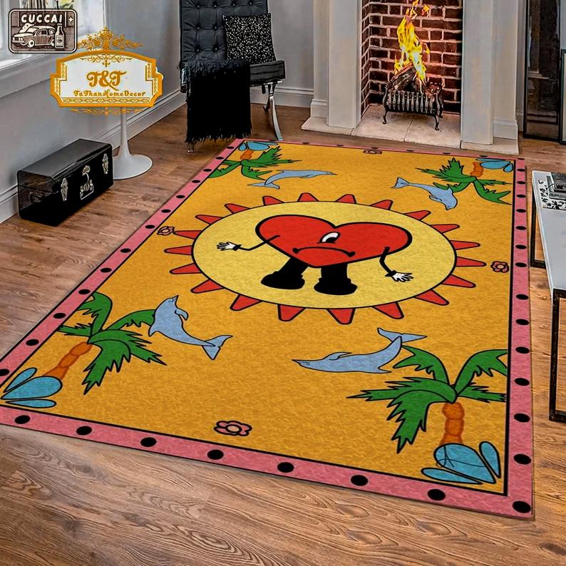Rugs in living room and bedroom bad bunny un verano sin ti rug - bad bunny tarot style rug - fleece heart rug- bad bunny carpet- bad bunny home room rug- bad bunny dorm rug Rectangle Rug