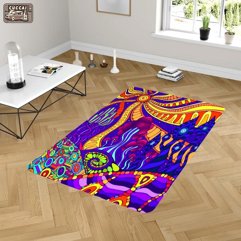 Rugs in living room and bedroom colorful doodle surreal landscape rug - fantastic psychedelic rug - psychedelic area rug- modern throw rug- living room decor- best gift Rectangle Rug