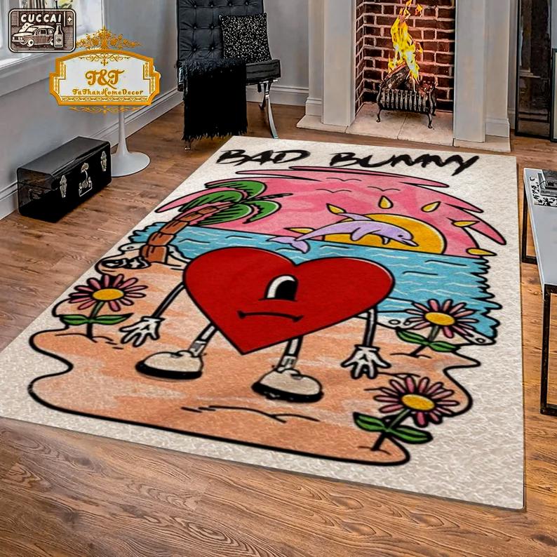 Rugs in living room and bedroom retro cartoon characters rug - bad bunny home decor - bad bunny floor carpet- indoor rug- decor rug- retro rug- vintage minimalism rug Rectangle Rug