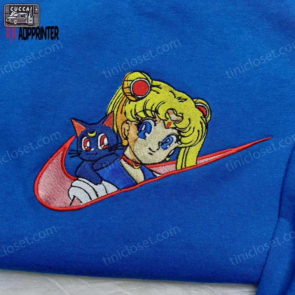 Sailor moon x nike embroidered sweatshirt: anime gift for her nike inspired logo shirt Embroidered Shirt