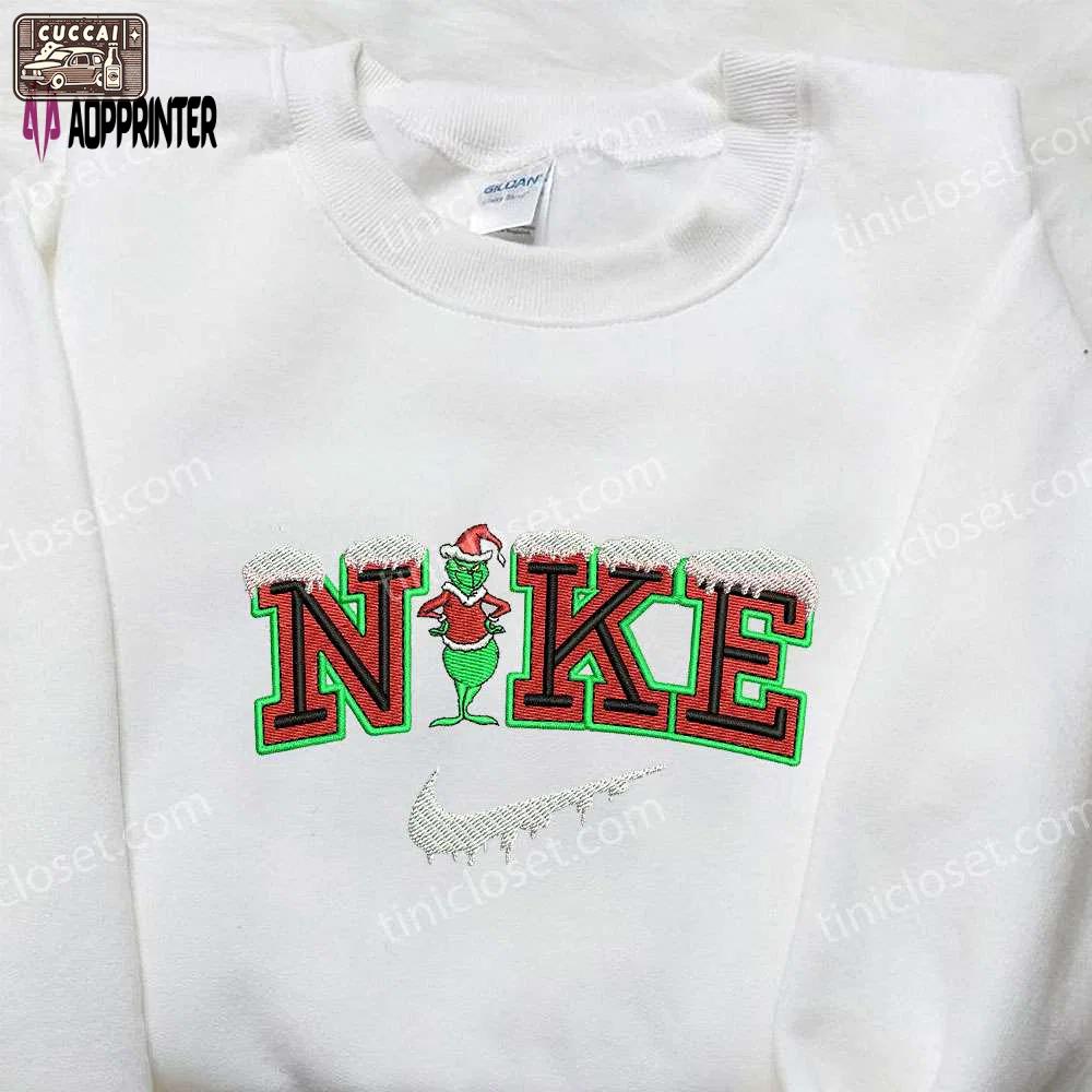 Santa claus grinch x nike embroidered shirt: the best christmas gift for grinch lovers Embroidered Shirt