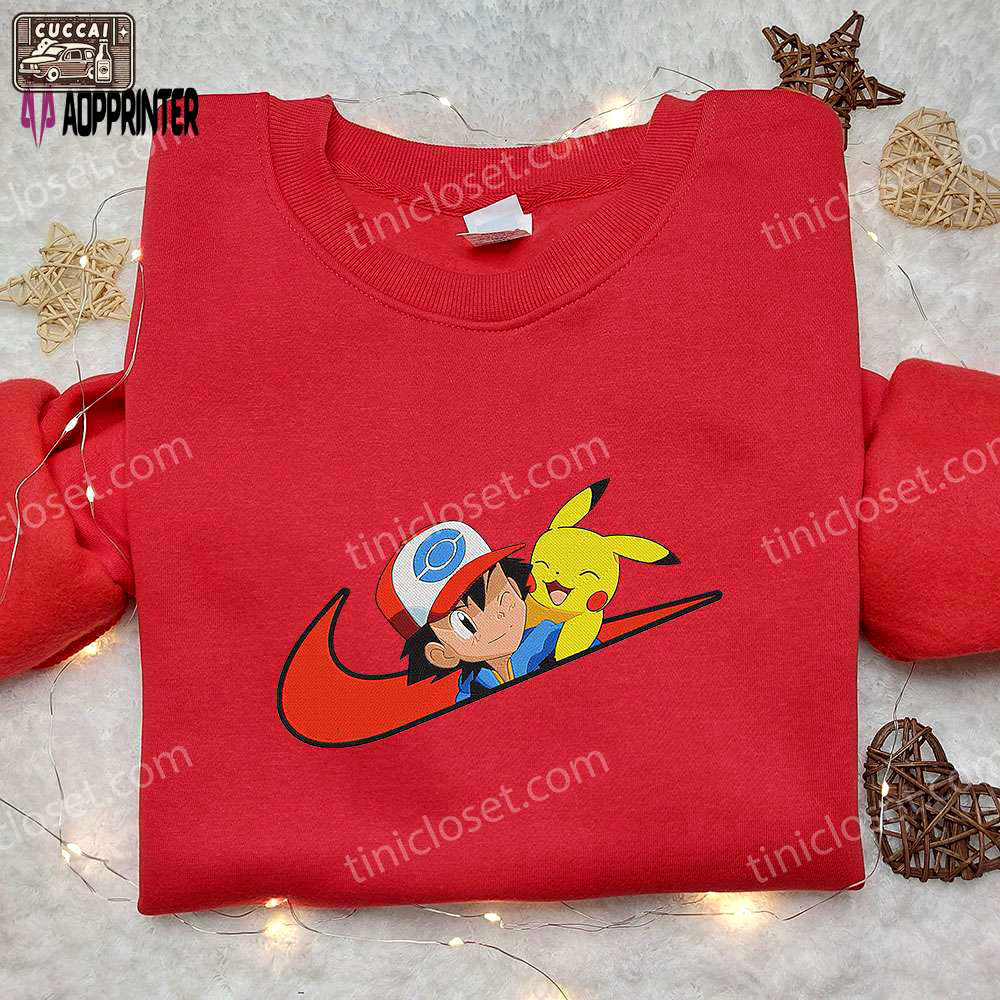 Satoshi & pikachu x nike swoosh anime hoodie pokemon & nike inspired embroidered shirt Embroidered Shirt