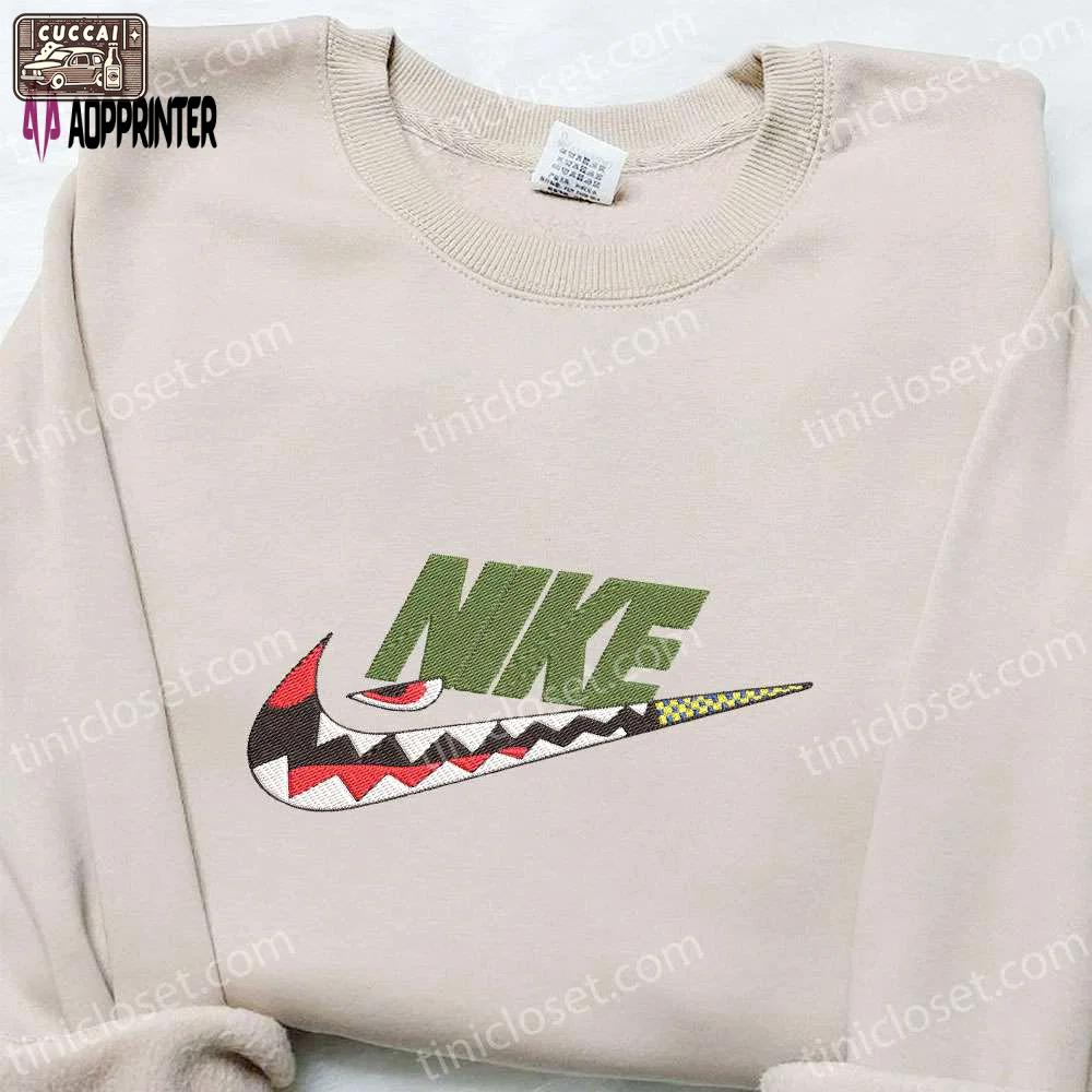 Shark bathing ape x swoosh embroidered hoodie – nike inspired custom sweatshirt Embroidered Shirt