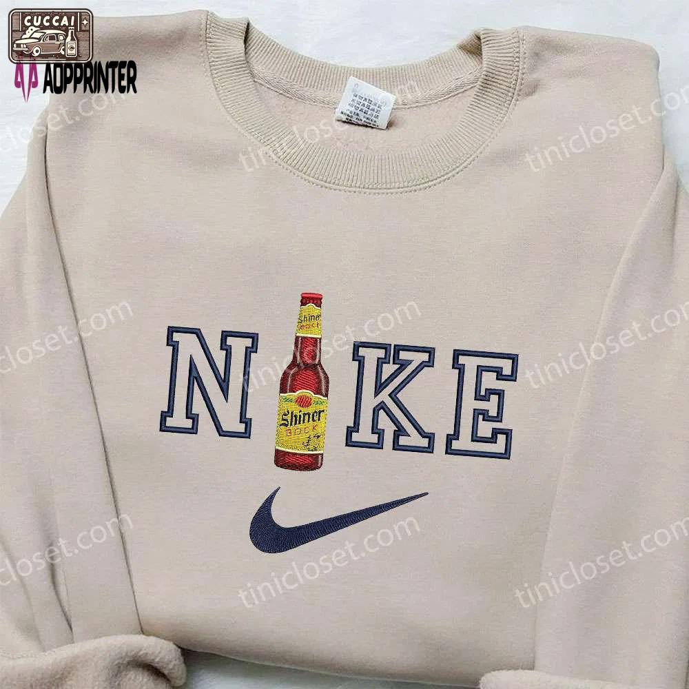 Shiner beer x nike embroidered sweatshirt: favorite drink shirt with nike inspiration Embroidered Shirt
