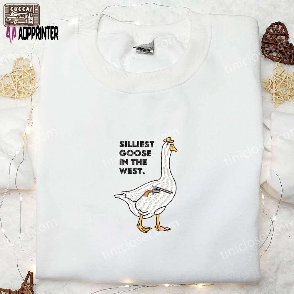 Silliest goose in the west with gun embroidered shirt – funny animal shirt Embroidered Shirt