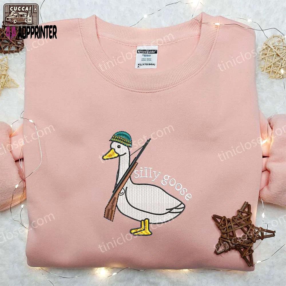 Silly goose with gun embroidered shirt funny animal tee Embroidered Shirt