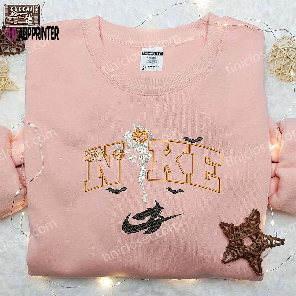 Skeleton pumpkin witch x nike embroidered sweatshirt: best halloween gift nike inspired shirt Embroidered Shirt