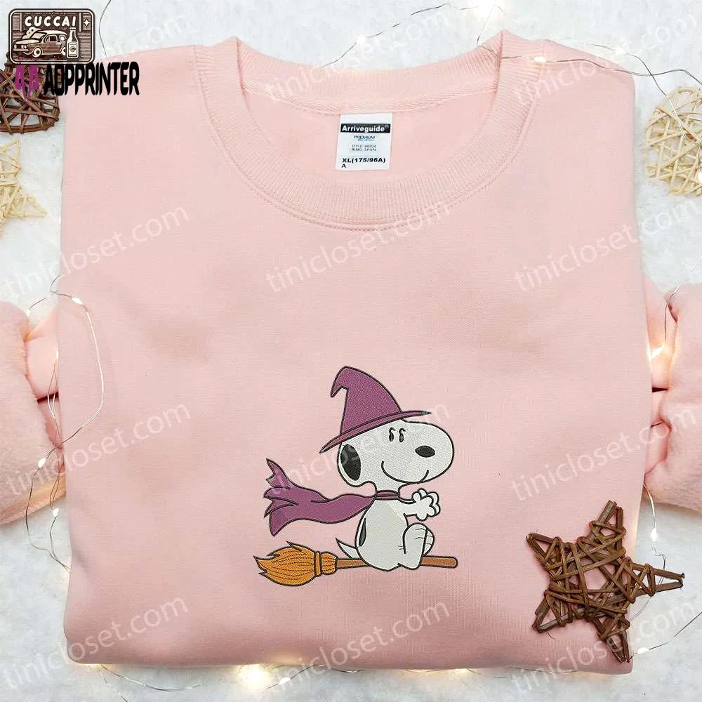 Snoopy witch fly embroidered t-shirt & peanuts halloween hoodie – best halloween gift ideas Embroidered Shirt