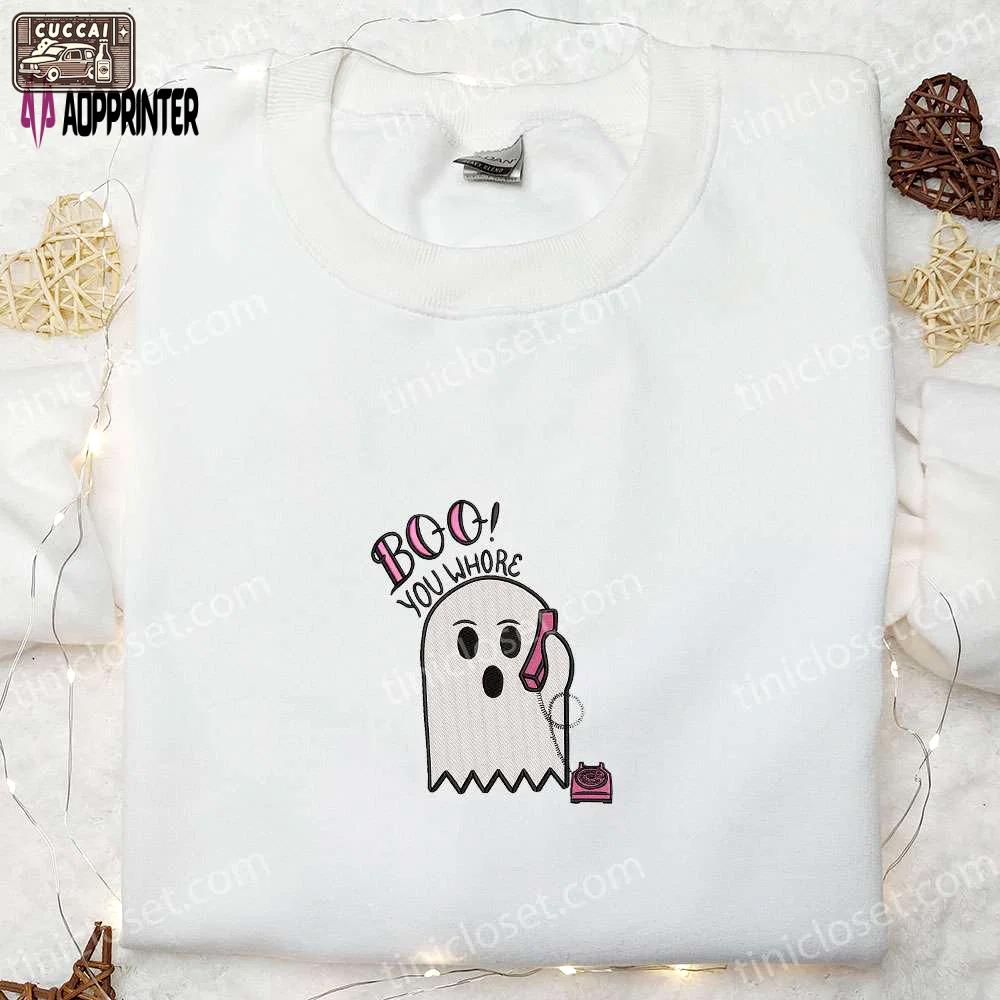 Spooky boo you whore embroidered shirt – top halloween gift ideas Embroidered Shirt