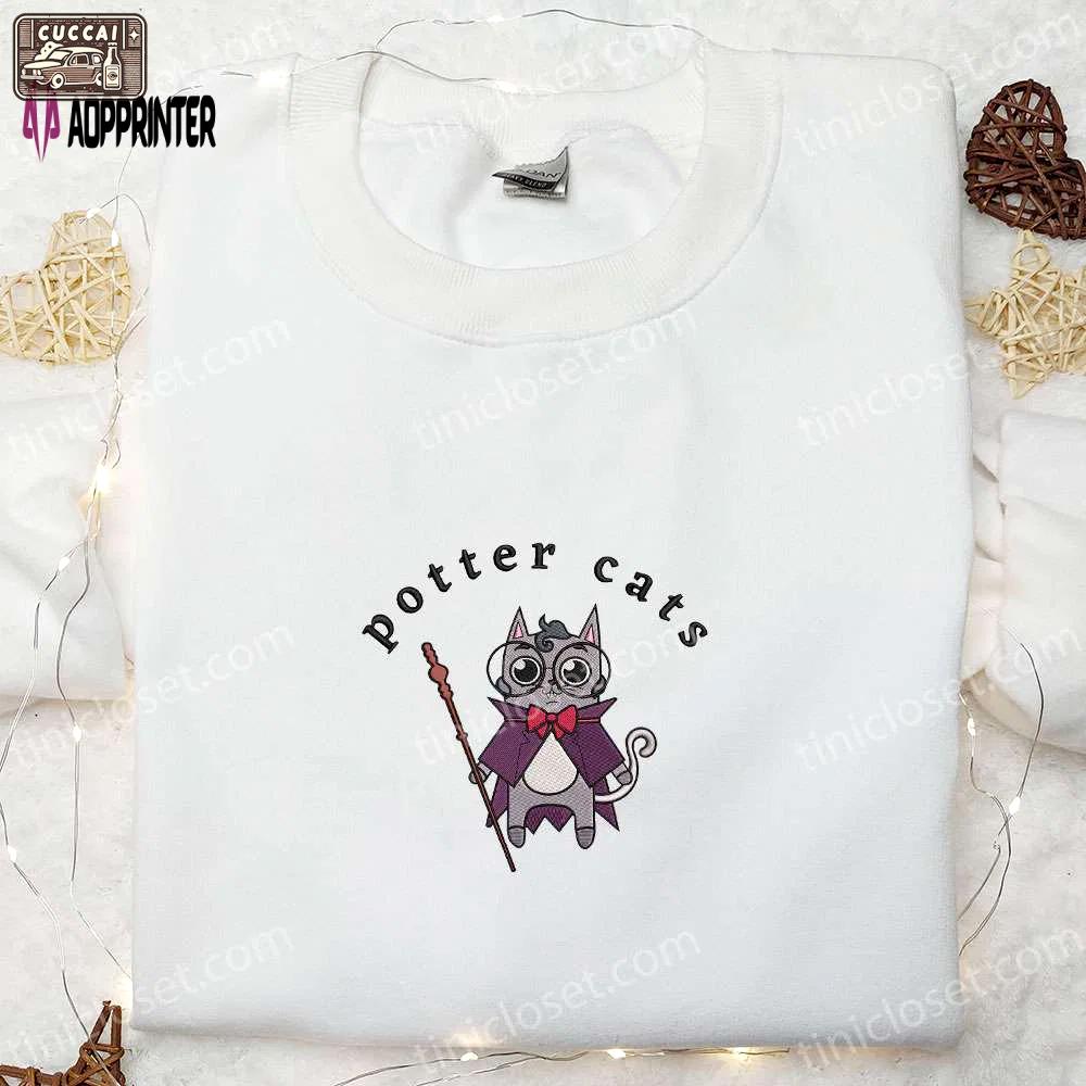 Spooky halloween potter cats embroidered shirt – adorable & stylish halloween cat design Embroidered Shirt
