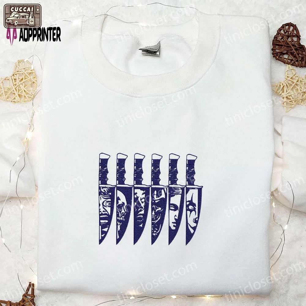 Spooky horror characters halloween knife embroidered shirt – scary & best halloween gifts for family Embroidered Shirt