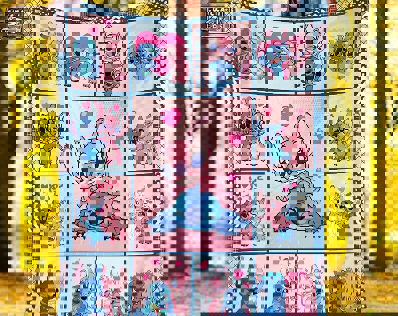 Stitch and angel blanket, stitch fleece blanket, stitch blanket quilt, couch sofa blanket, stitch couple gifts decor Quilt Blanket