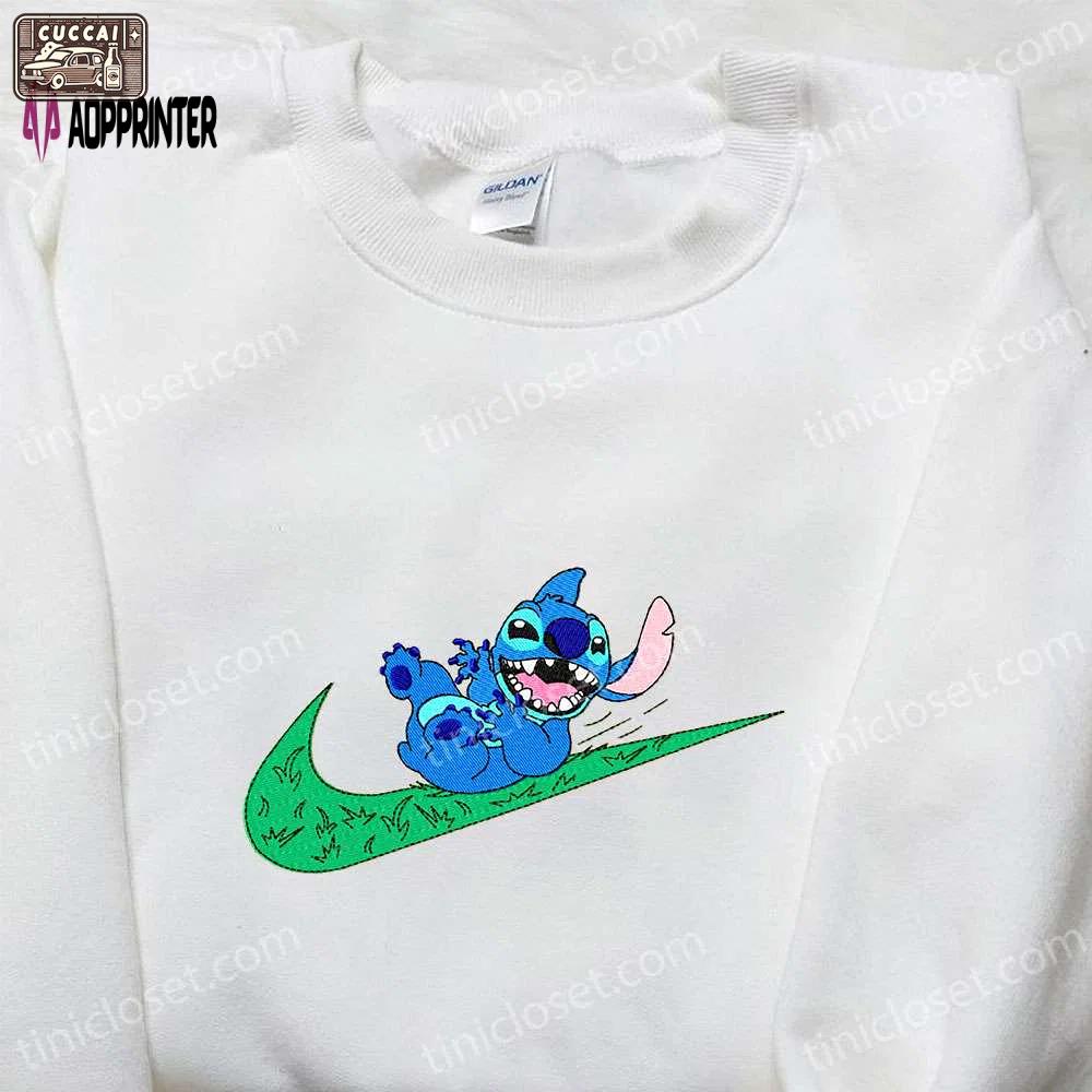Stitch x nike swoosh cartoon embroidered tshirt – best nike inspired gift for family Embroidered Shirt