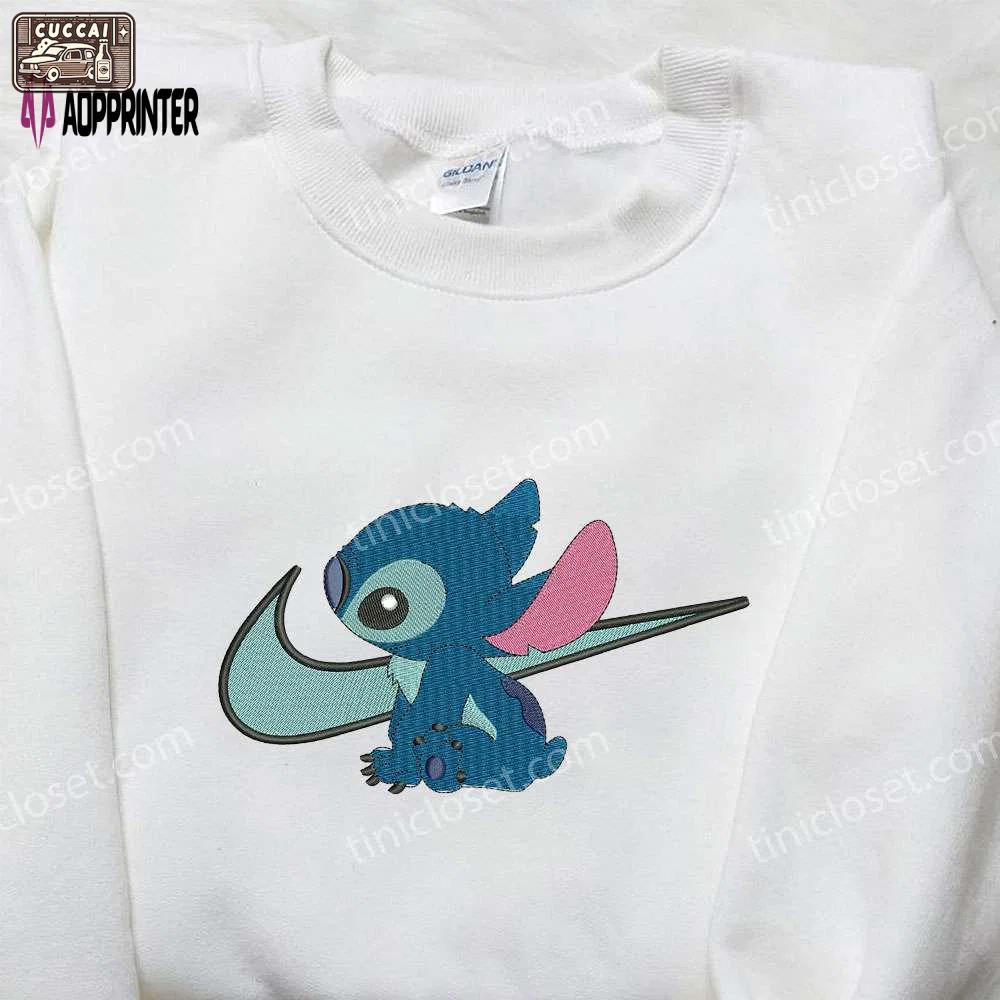 Stitch x nike swoosh & lilo cartoon embroidered sweatshirt – nike inspired shirt Embroidered Shirt