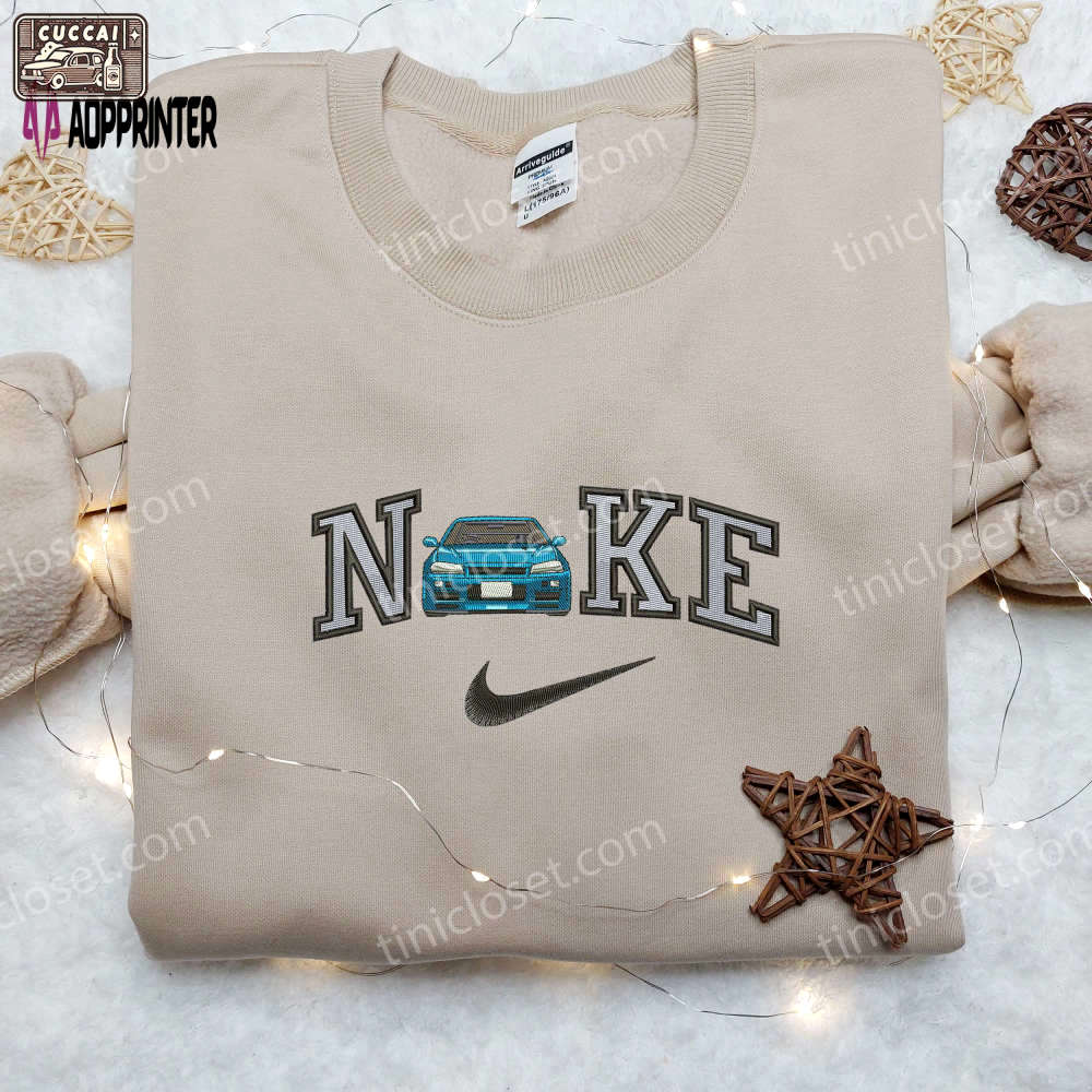 Stylish blue car x nike embroidered shirt – custom stransportation design Embroidered Shirt