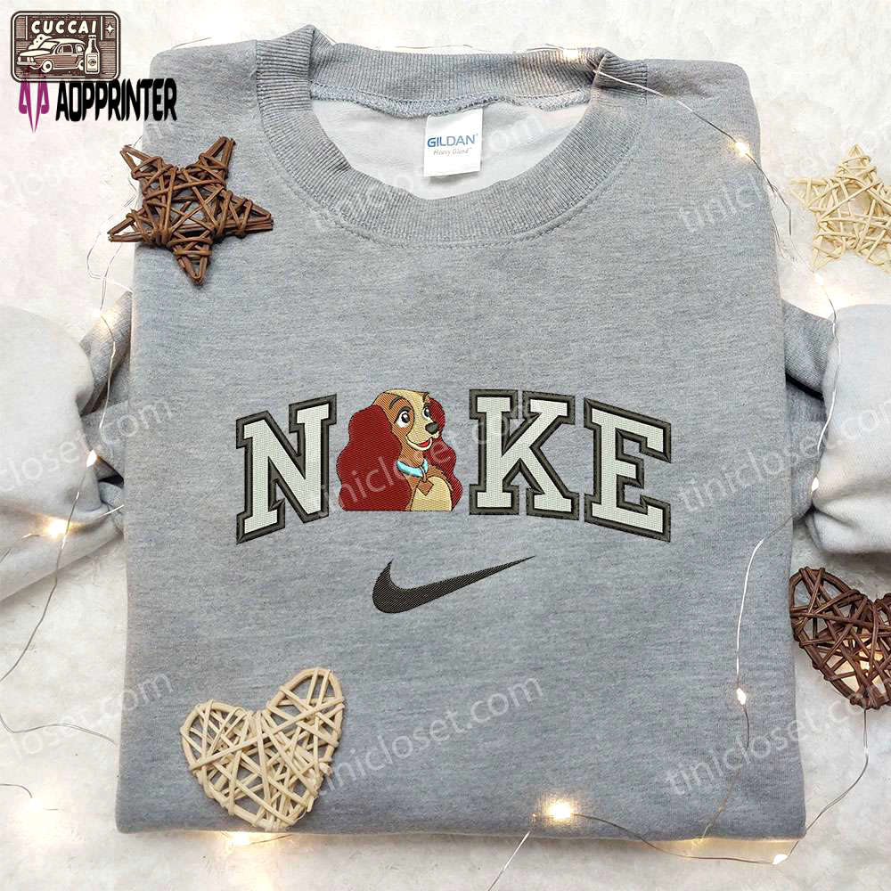 Stylish lady x nike embroidered shirt – lady and the tramp design – customizable nike shirt Embroidered Shirt