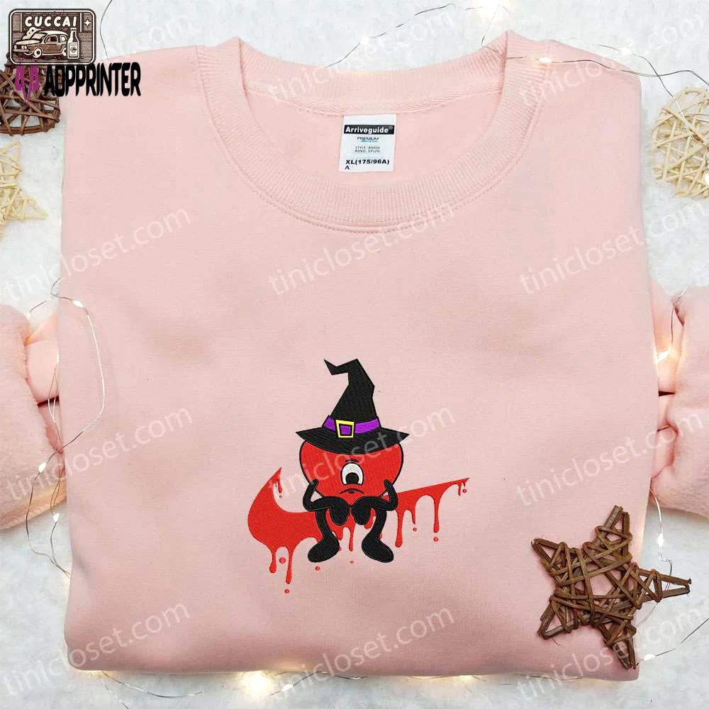 Swoosh sad heart witch bad bunny embroidered t-shirt: best halloween gift ideas for family Embroidered Shirt