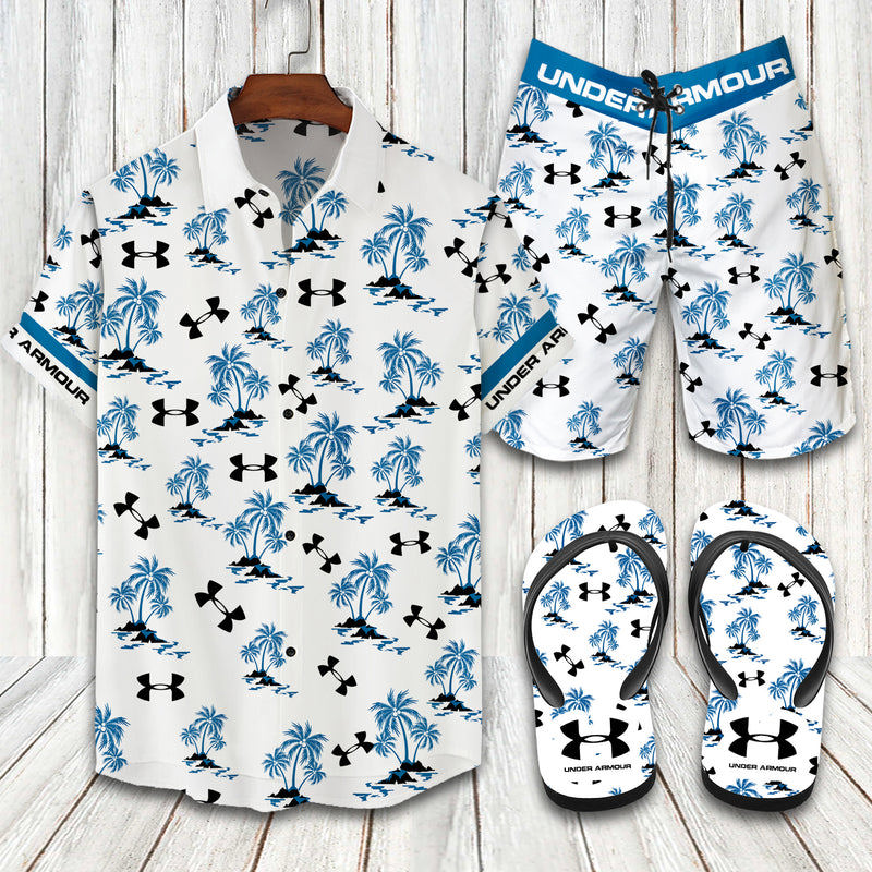 Under armour white blue floral combo hawaiian shirt shorts and flip flops Hawaii Shirt Shorts & Flip Flops
