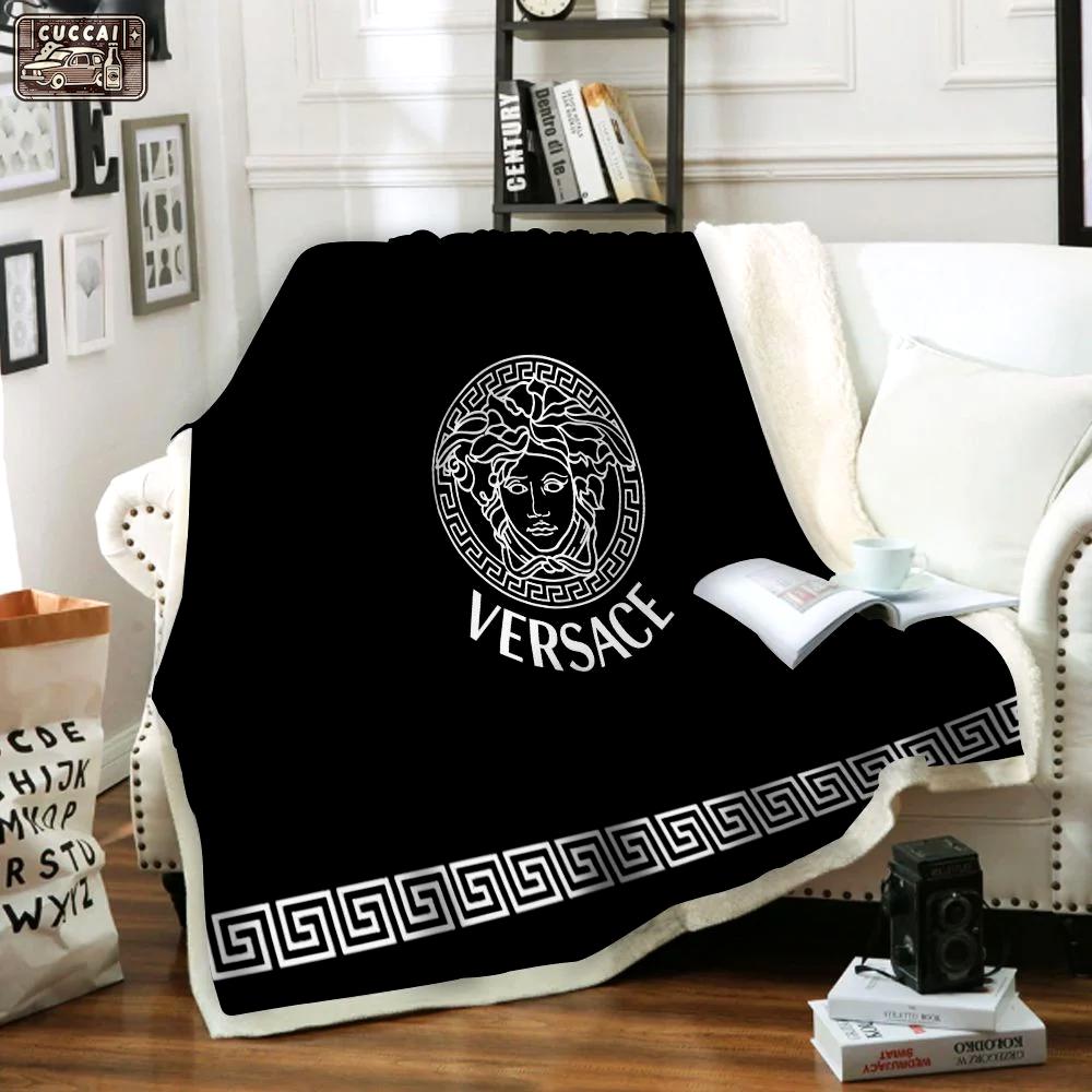Versace black fashion logo luxury brand premium blanket fleece home decor 102 Blanket Fleece