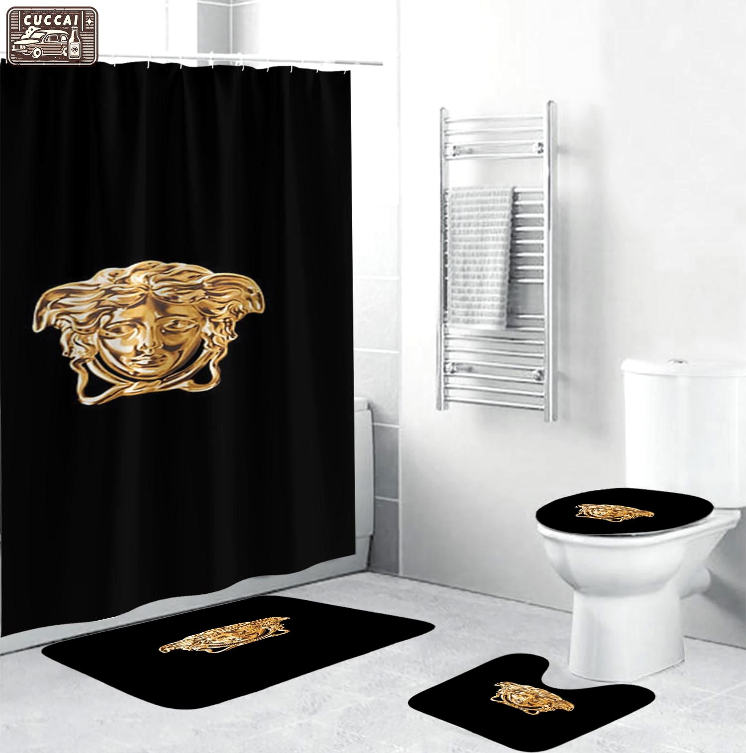 Versace golden medusa face in black bathroom sets luxury fashion brand bath mat hypebeast home decor Bathroom Set