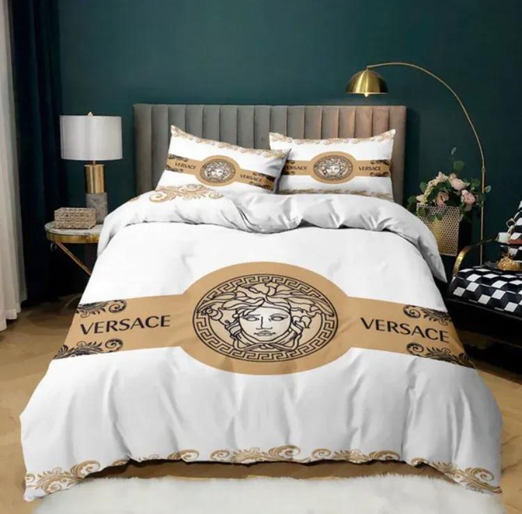 Versace logo luxury brand bedding sets bedspread duvet cover set, bedroom decor , thanksgiving decorations for home best luxury bed sets gift thankgivings and christmas Bedding Sets