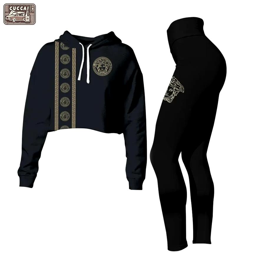 Versace medusa black luxury brand clothes leggings and crop top set for women Croptop Hoodie Legging Set