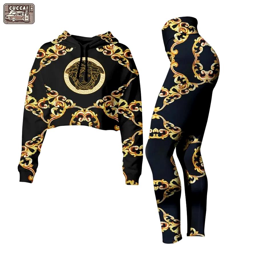 Versace medusa golden luxury brand clothes leggings and crop top set for women Croptop Hoodie Legging Set