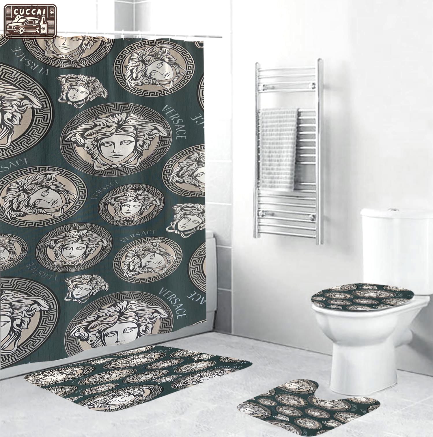 Versace silv erpattern in blue grey background bath mat hypebeast luxury fashion brand home decor bathroom sets Bathroom Set