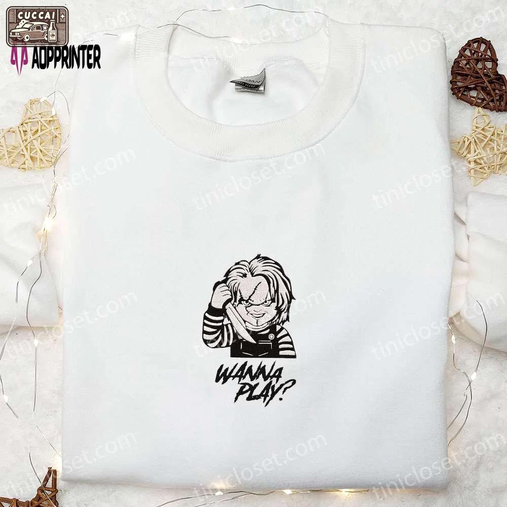 Wanna play chucky embroidered shirt: scary halloween gift for family Embroidered Shirt