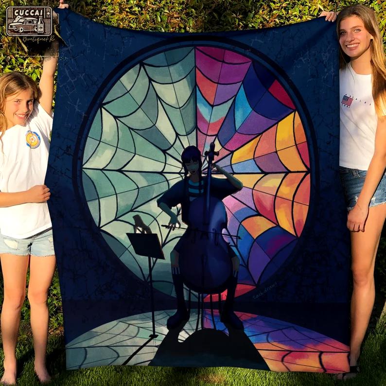 Wednesday addams playing cello fleece blanket, mink sherpa blanket, wednesday addams quilt, cello quilt, addams family blanket Quilt Blanket